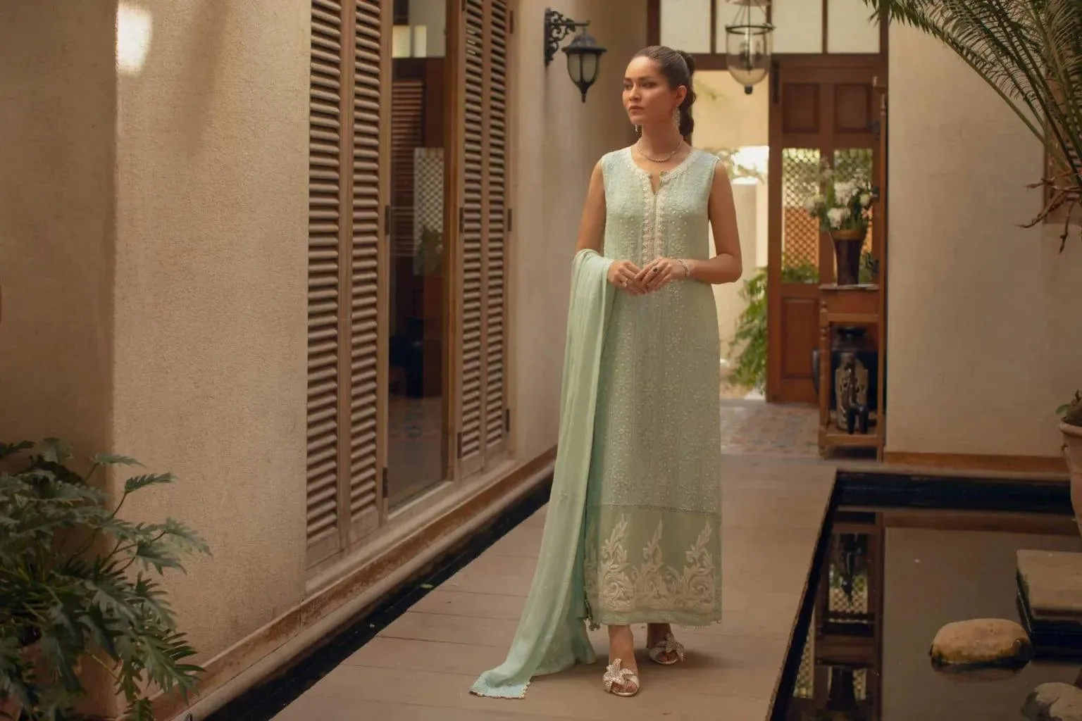 Shehrnaz - Mint Green Chikankari Long Shirt With Matching Capri And Long Dupatta – SHK-1068 - 3 Piece