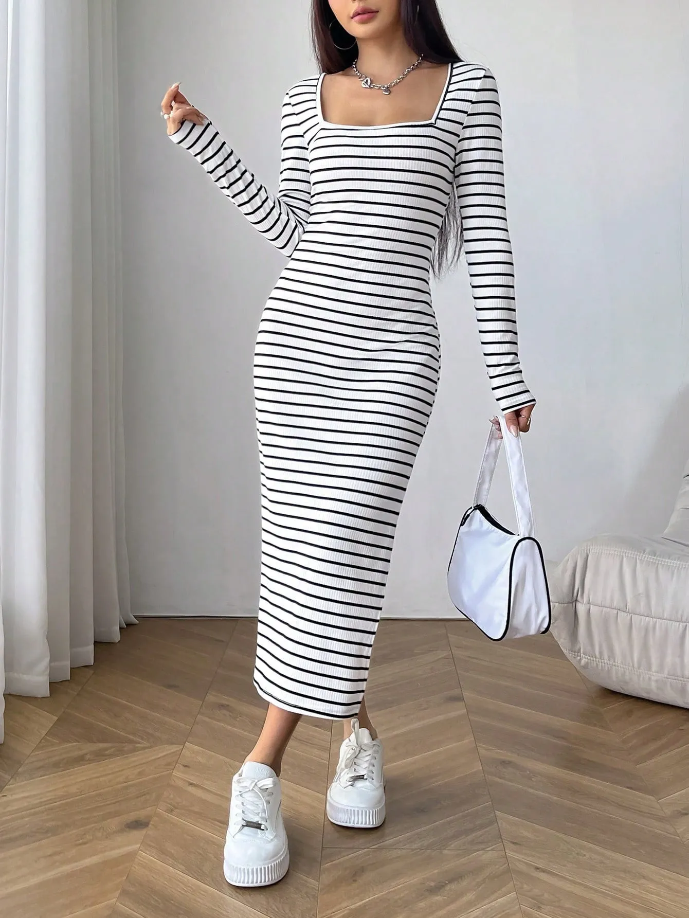 SHEIN EZwear Black And White Tight Striped Square Neck Bodycon Dress