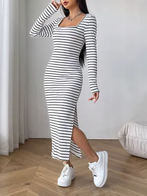 SHEIN EZwear Black And White Tight Striped Square Neck Bodycon Dress