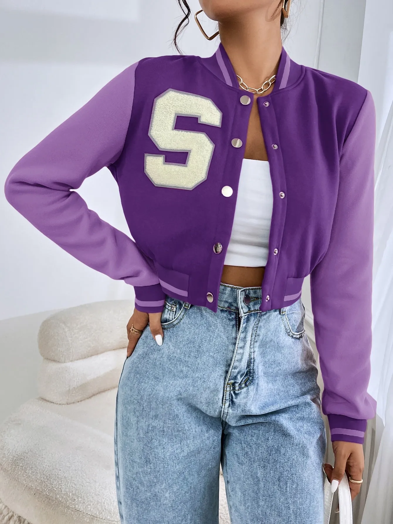 SHEIN EZwear Letter Patched Crop Varsity Jacket