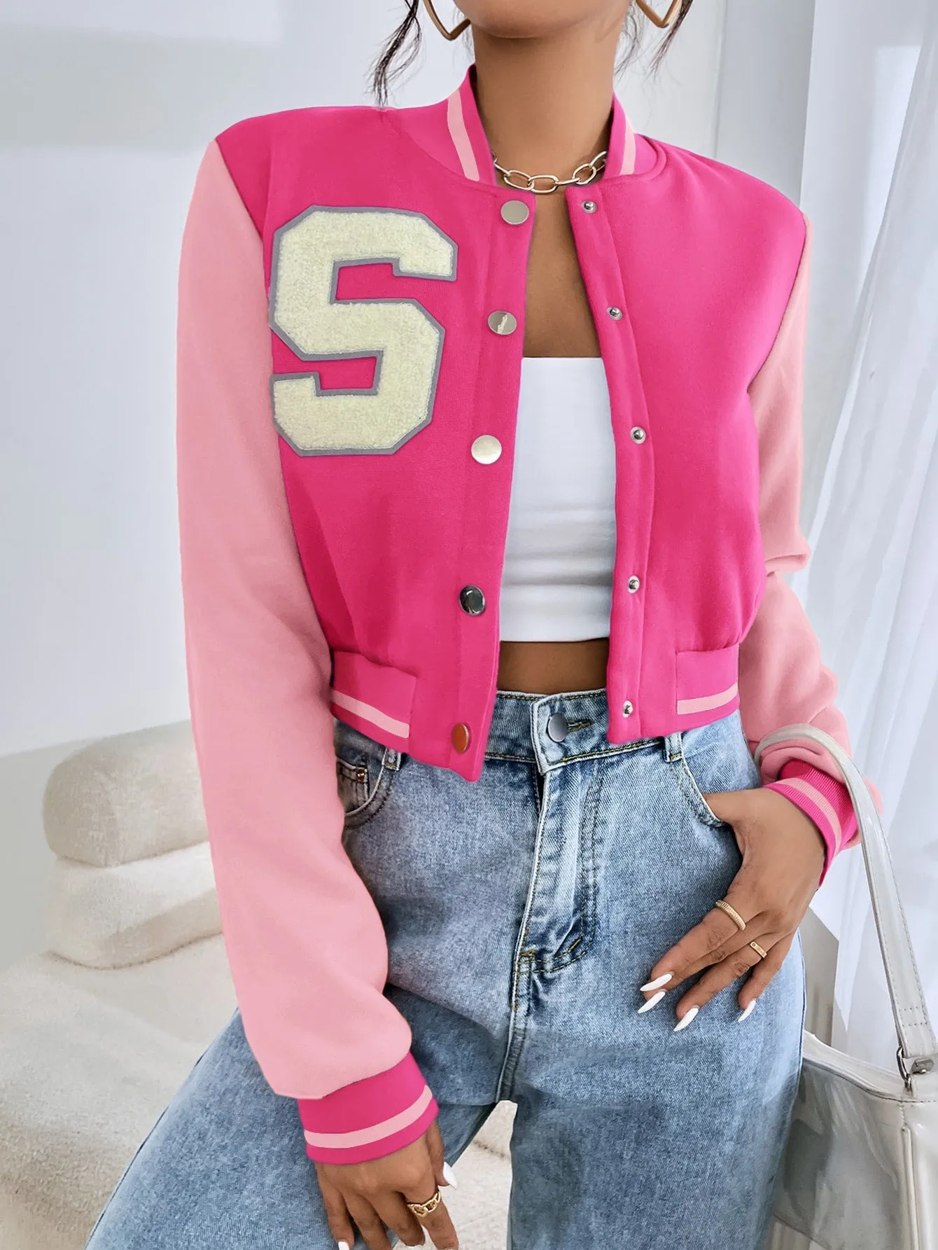 SHEIN EZwear Letter Patched Crop Varsity Jacket