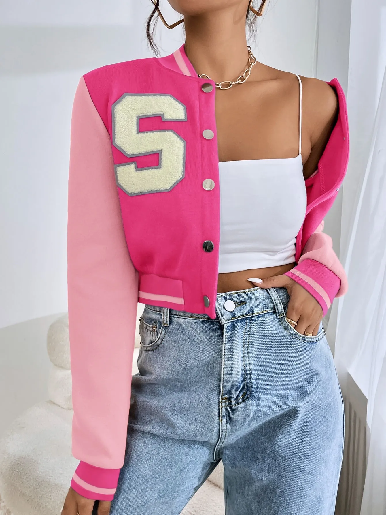 SHEIN EZwear Letter Patched Crop Varsity Jacket