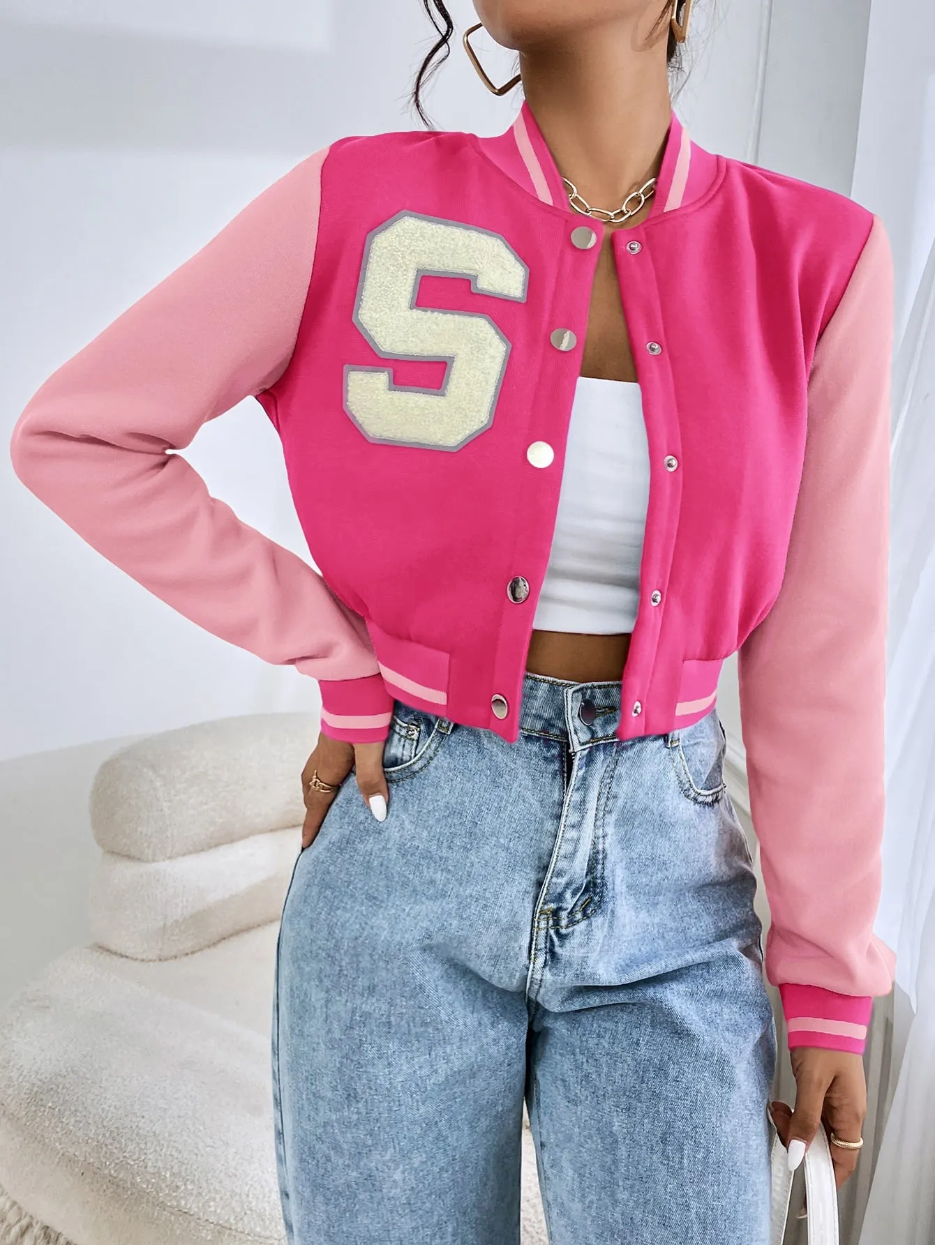 SHEIN EZwear Letter Patched Crop Varsity Jacket