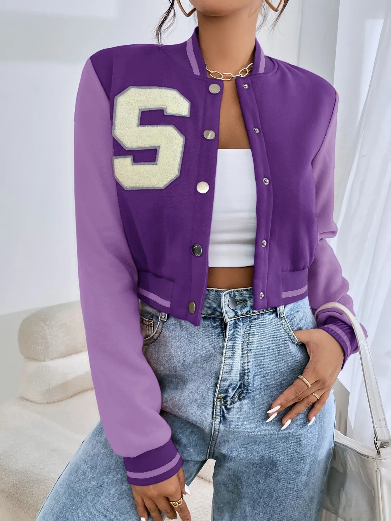 SHEIN EZwear Letter Patched Crop Varsity Jacket