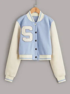 SHEIN EZwear Letter Patched Crop Varsity Jacket