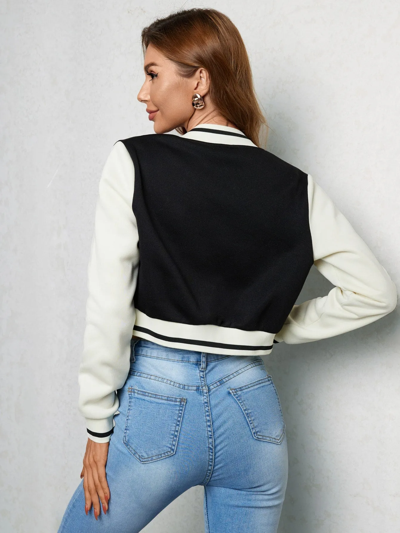 SHEIN EZwear Letter Patched Crop Varsity Jacket