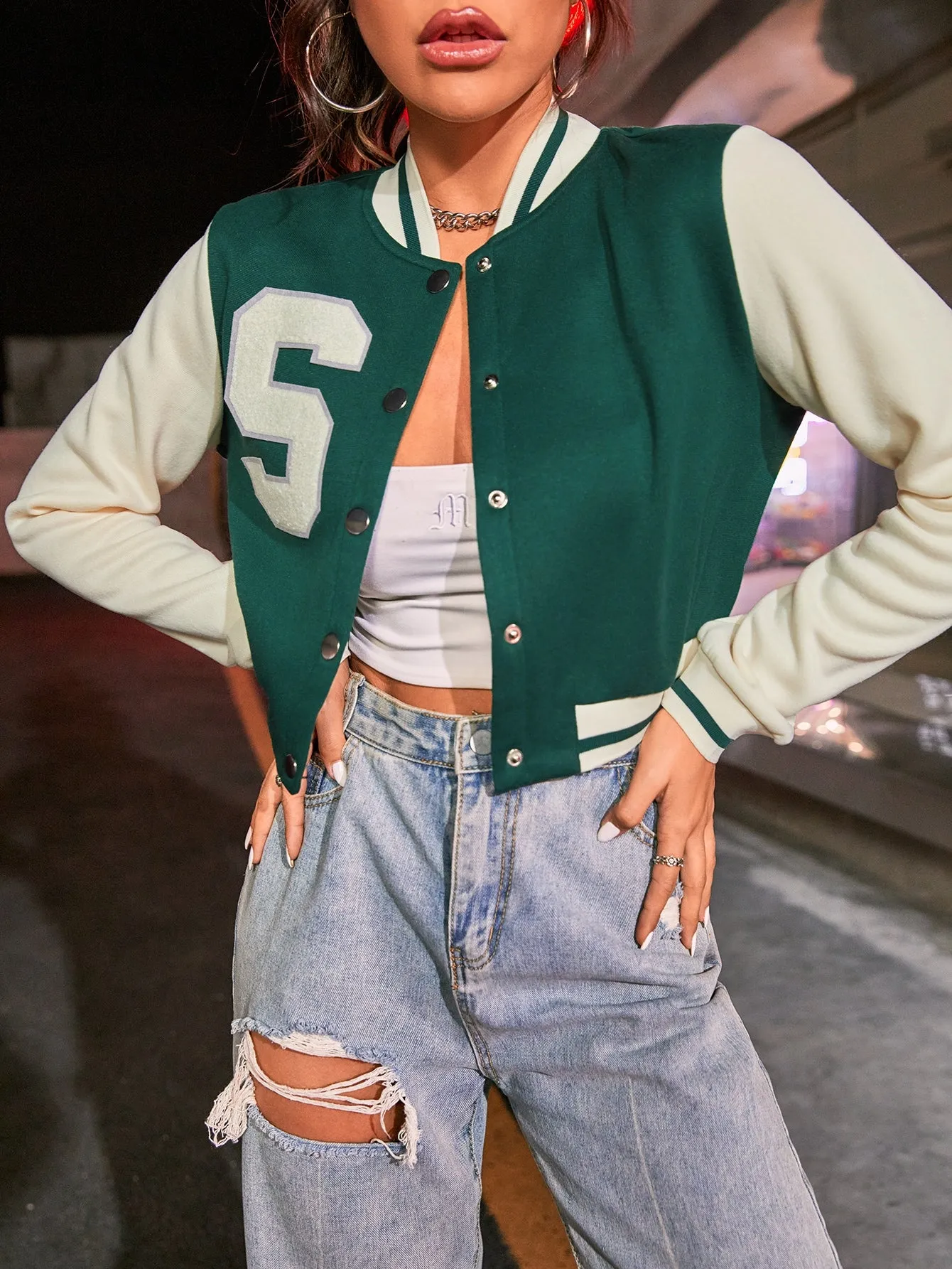 SHEIN EZwear Letter Patched Crop Varsity Jacket