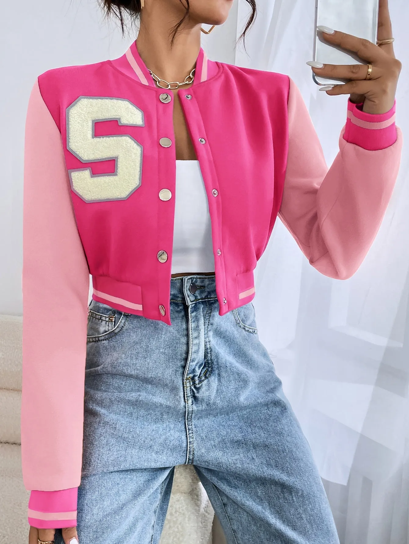 SHEIN EZwear Letter Patched Crop Varsity Jacket