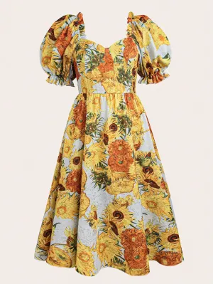 SHEIN Frenchy Plus Size Summer Fashion Sunflower Print Puff Sleeve Dress