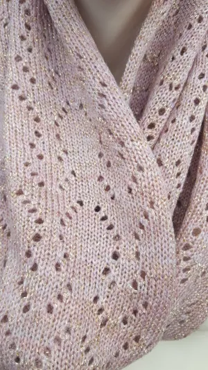 Shetland wool & Lurex lace infinty scarf, lace cowl soft pink