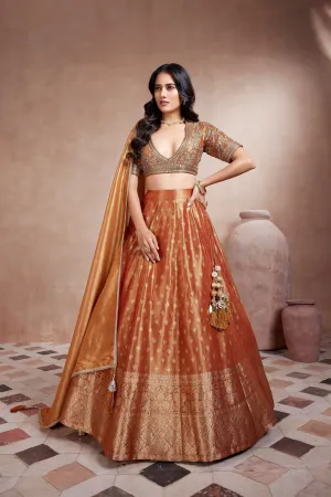 Shimmer Copper Embroidered Premium Brocade Silk Lehenga Set