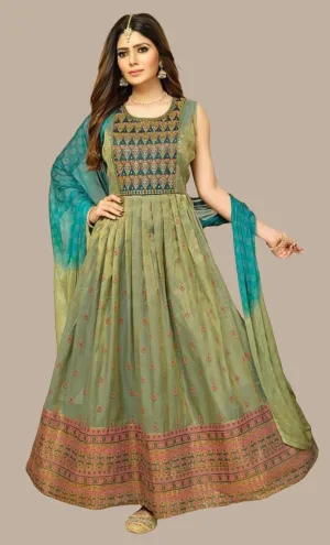 Shimmer Olive Embroidered Gown & Dupatta