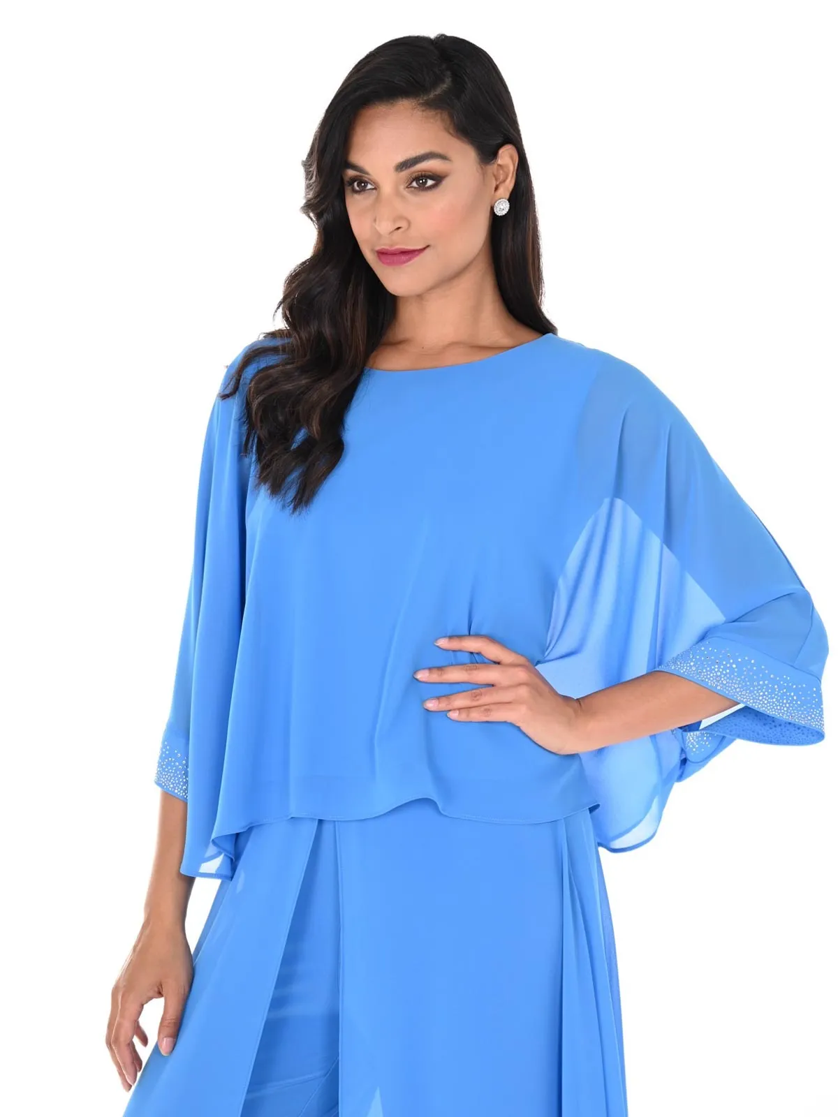 Shimmer Sleeve Chiffon Overlay Top, Blue