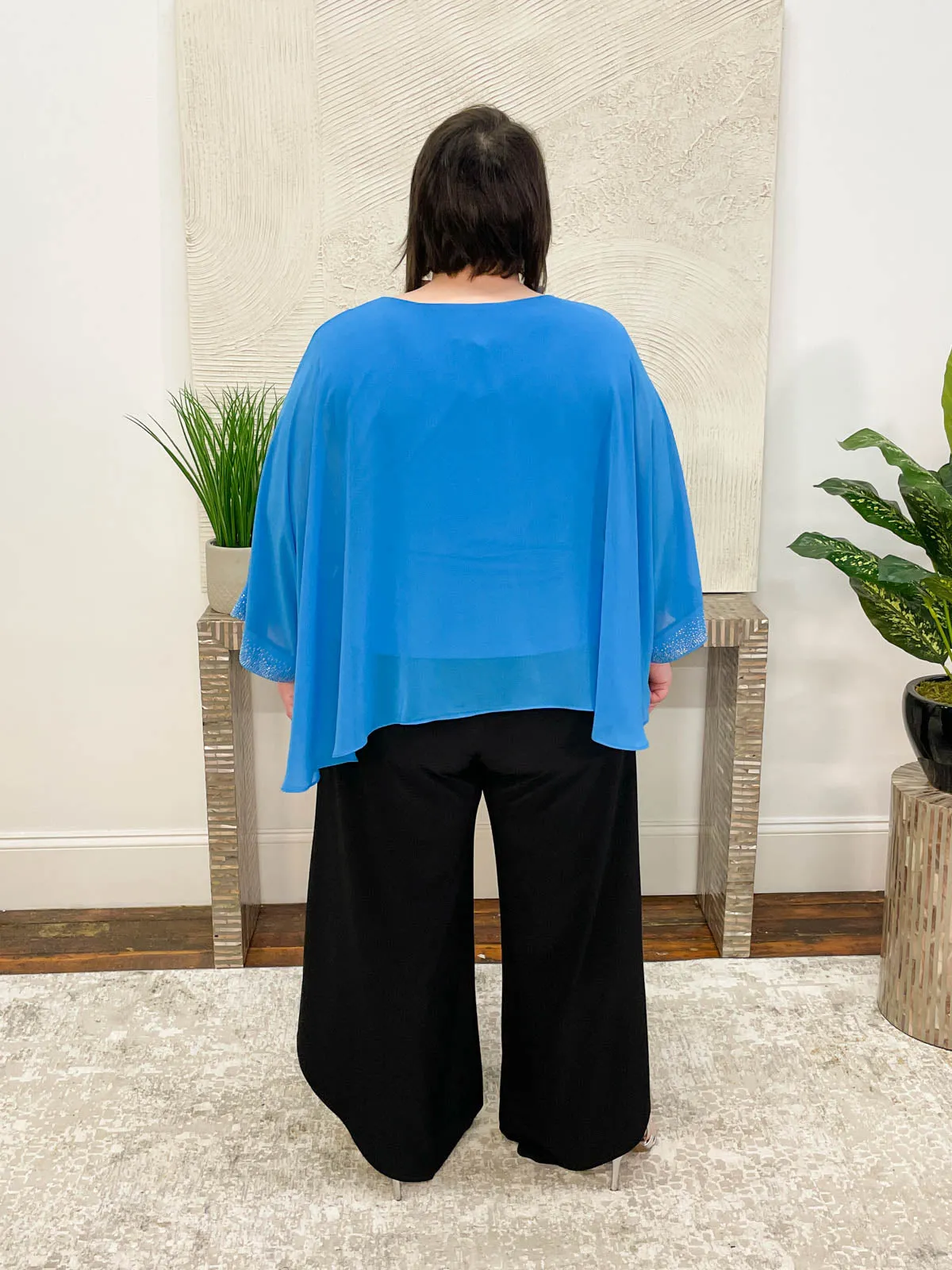 Shimmer Sleeve Chiffon Overlay Top, Blue