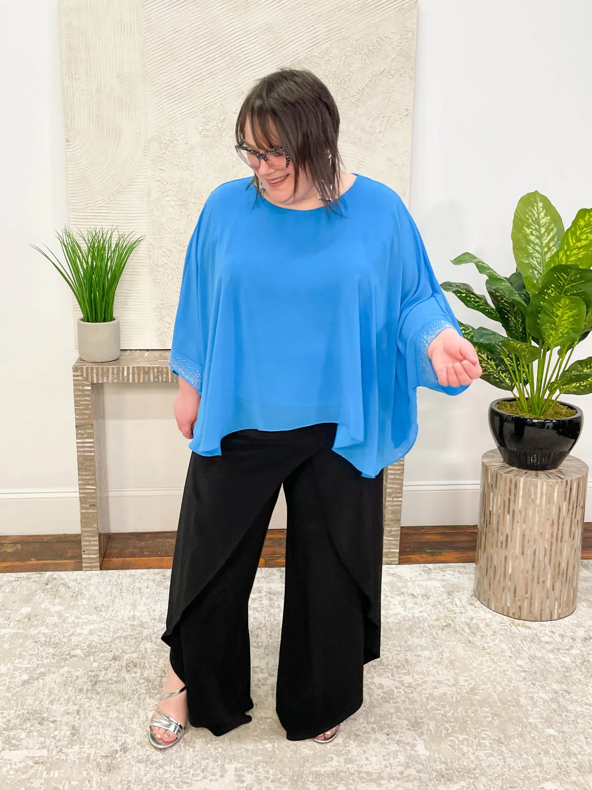 Shimmer Sleeve Chiffon Overlay Top, Blue