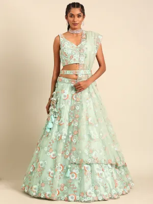 Shimmering Sea Green Lehenga Choli Set - Zari, Sequins & Thread Embroidery