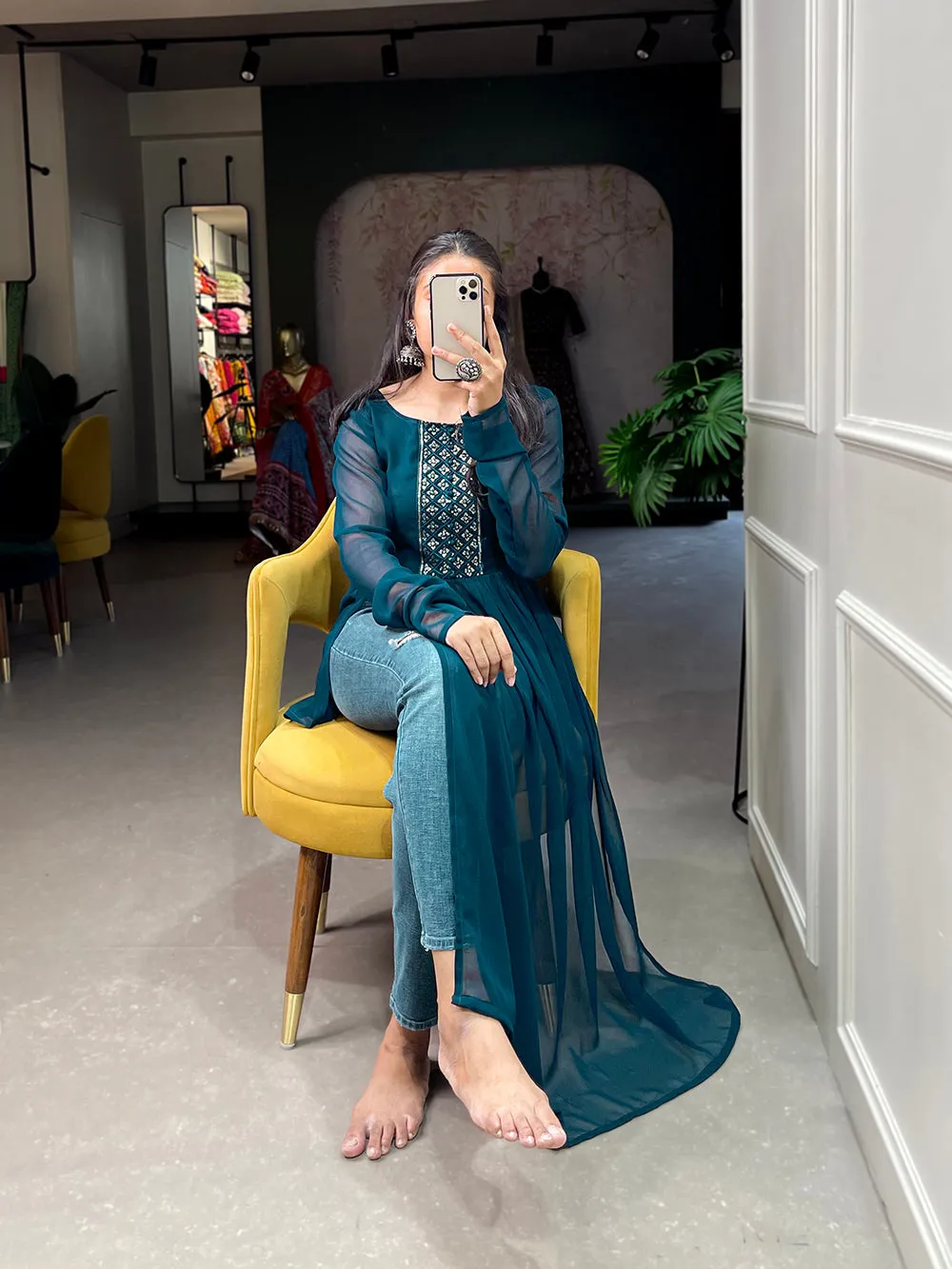 Shimmering Sequin Firozi Blue Embroidered Naira Style Kurti