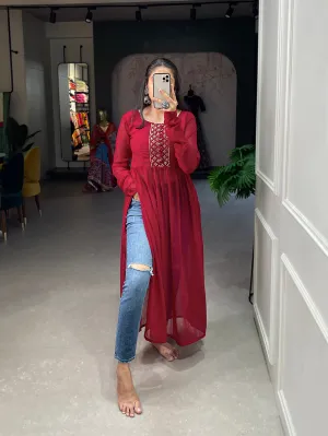 Shimmering Sequin Red Embroidered Naira Style Kurti