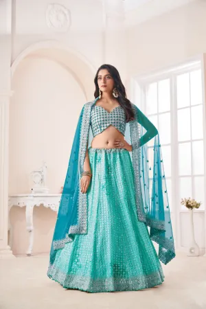 Shimmering Sky Blue Party Wear Lehenga Choli Set - Embroidered Elegance