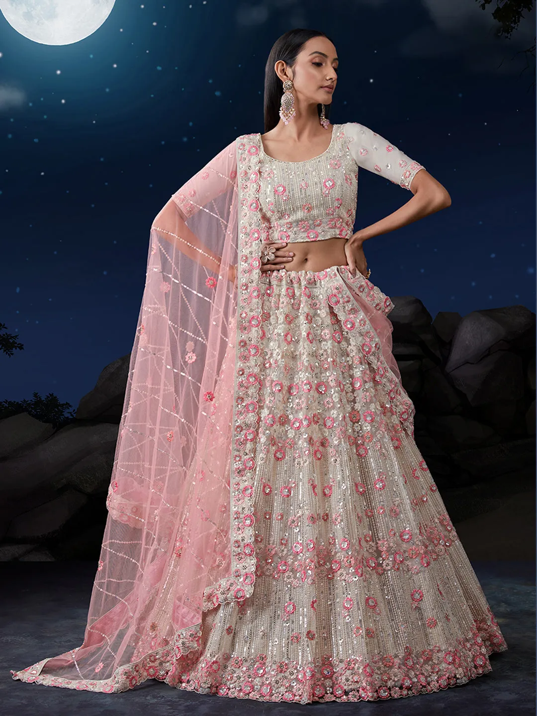 Shimmering White Net Lehenga Set Elegance Embroidered with Sequins