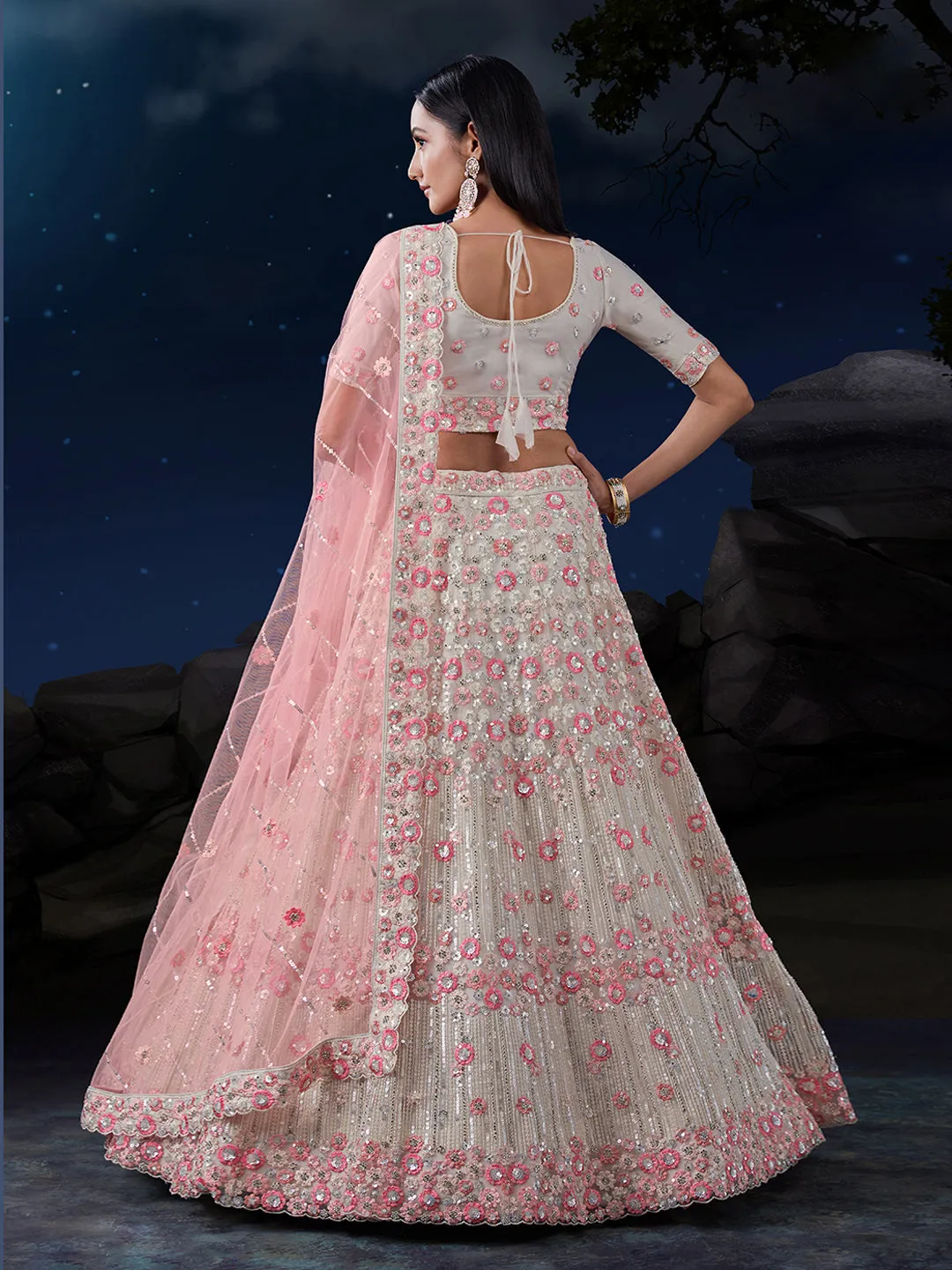 Shimmering White Net Lehenga Set Elegance Embroidered with Sequins