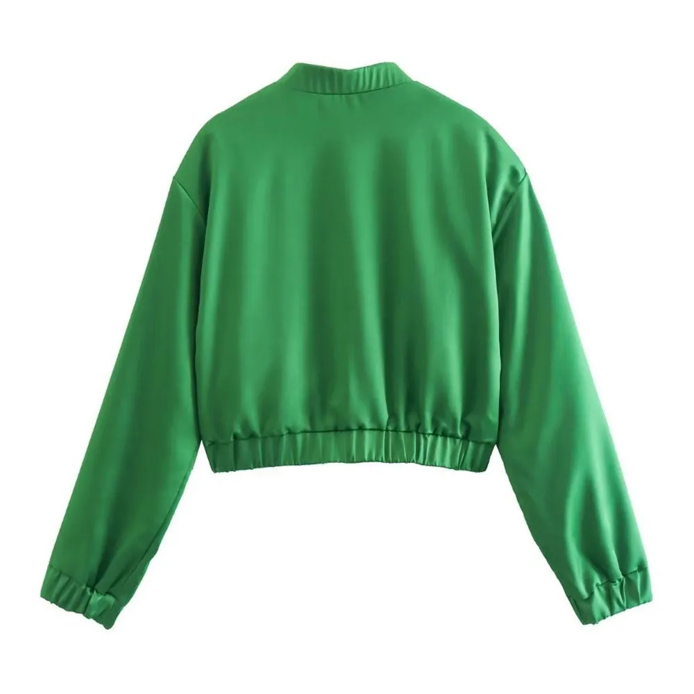 Shimmery Mock Neck Button Up Long Sleeve Bomber Jacket - Emerald Green