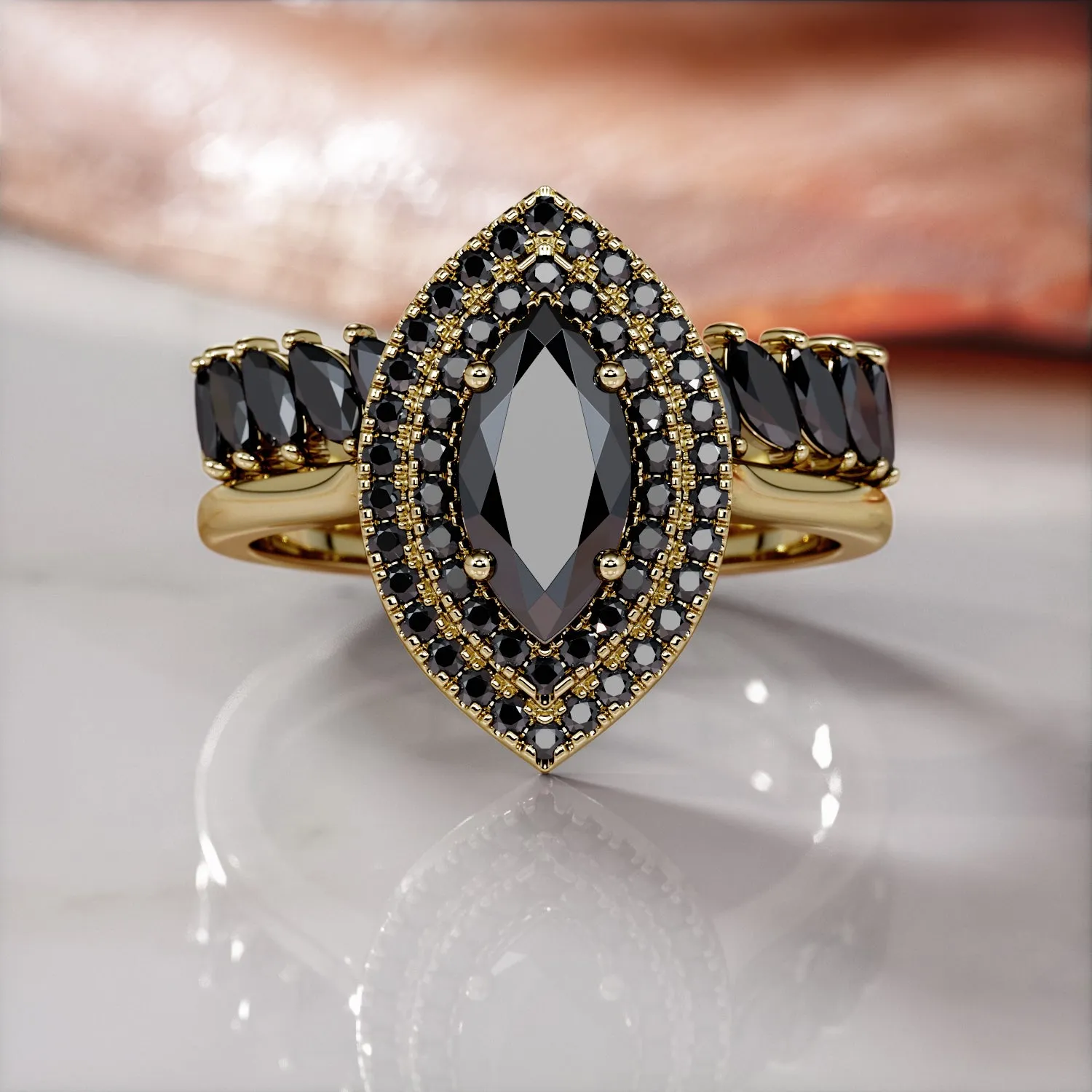 Shineless Rays -   Double Halo  Natural Black Diamond Marquis Engagement Ring  in Yellow Gold