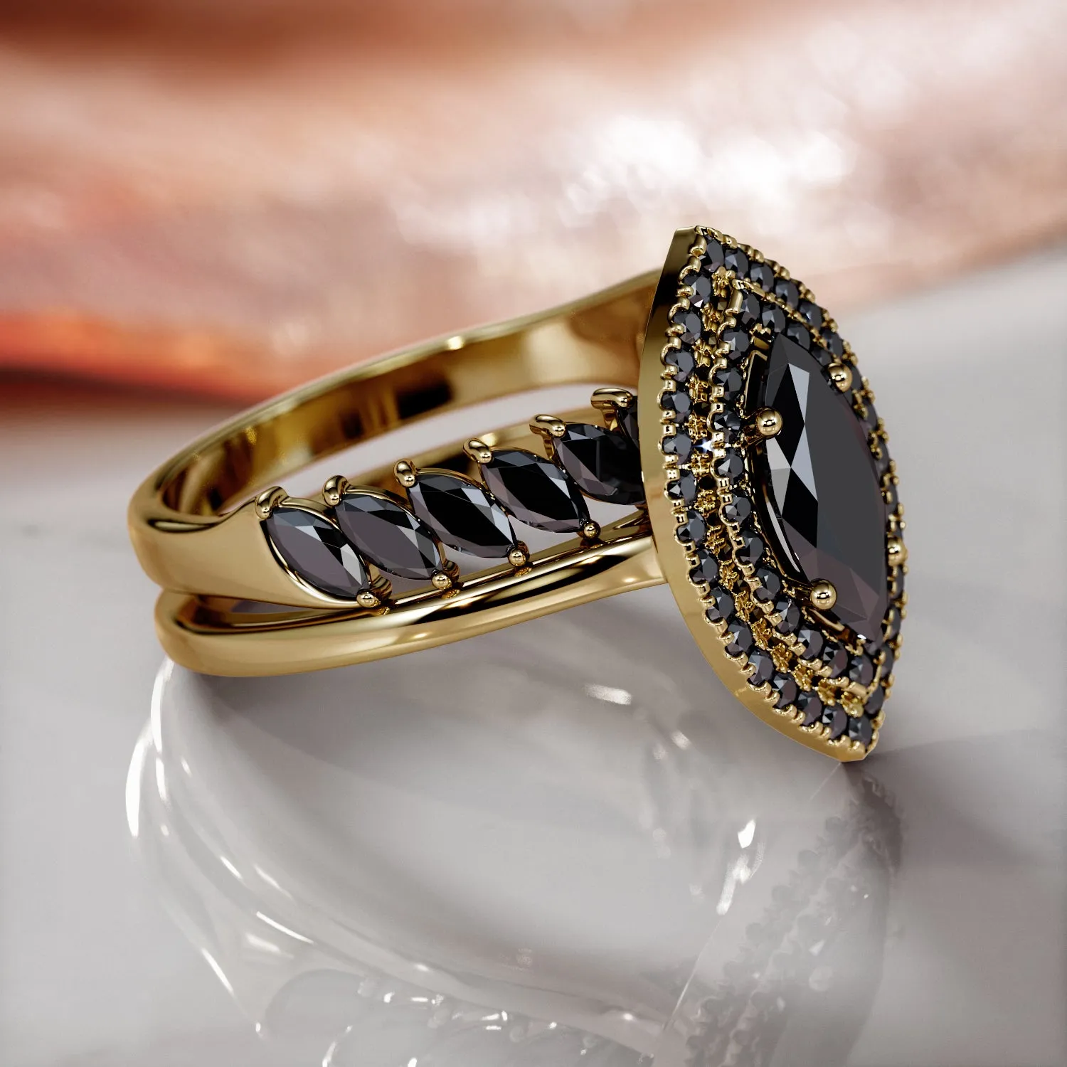 Shineless Rays -   Double Halo  Natural Black Diamond Marquis Engagement Ring  in Yellow Gold