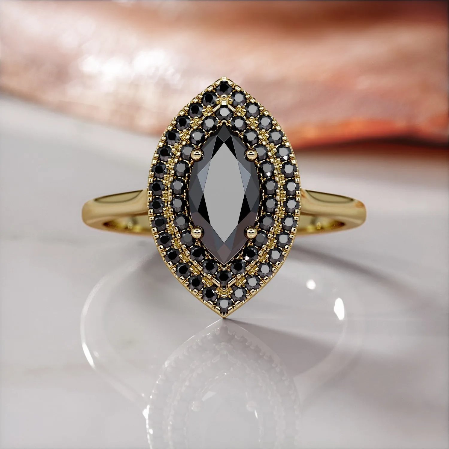 Shineless Rays -   Double Halo  Natural Black Diamond Marquis Engagement Ring  in Yellow Gold