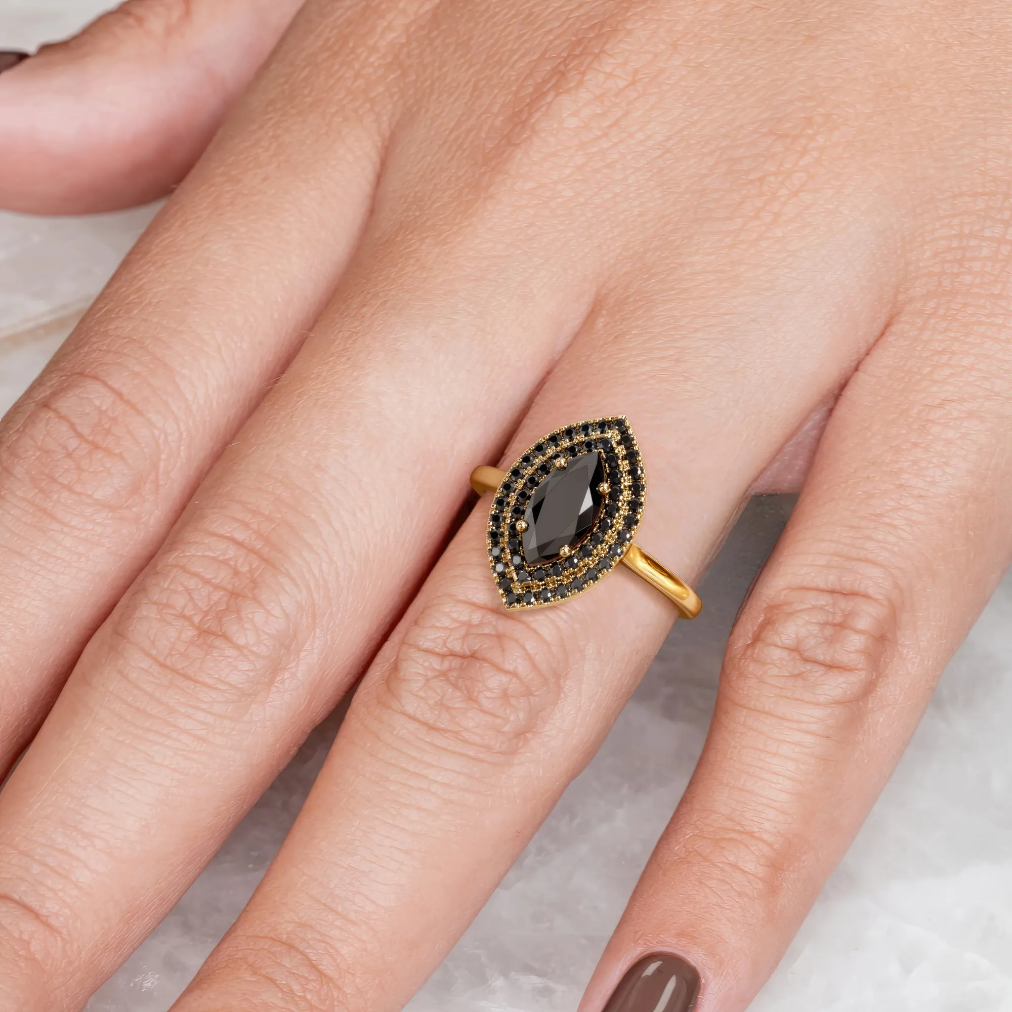 Shineless Rays -   Double Halo  Natural Black Diamond Marquis Engagement Ring  in Yellow Gold