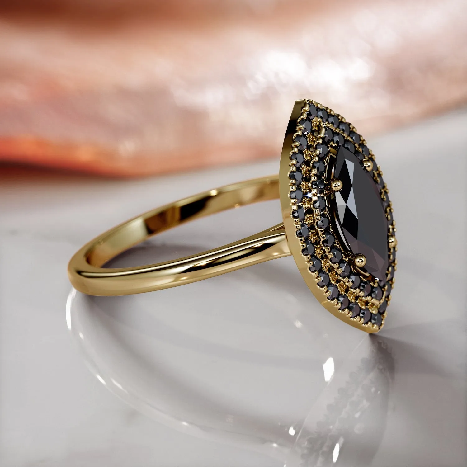 Shineless Rays -   Double Halo  Natural Black Diamond Marquis Engagement Ring  in Yellow Gold