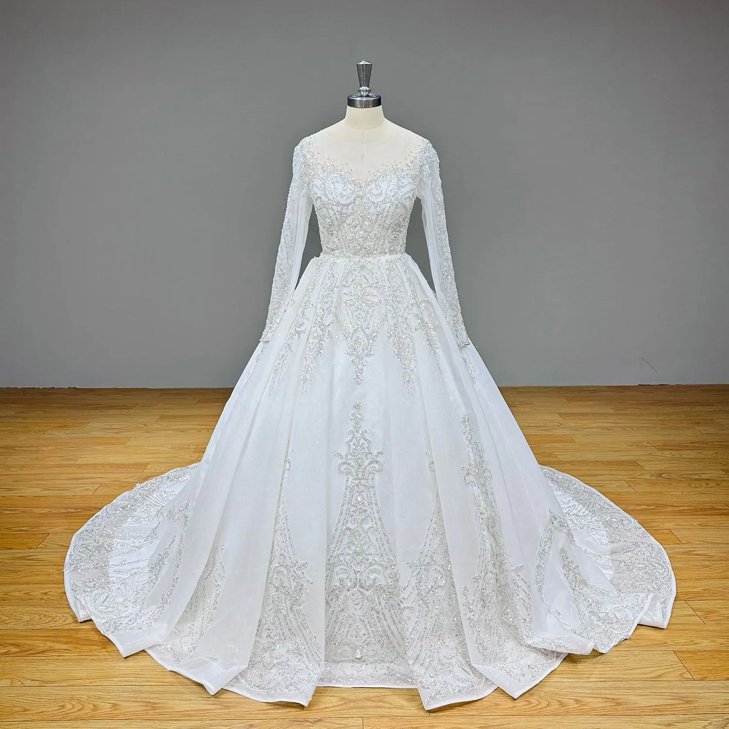 Shining Ball Gown Wedding Dress with Long Sleeves and Sequined Beading