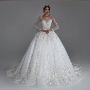 Shining Ball Gown Wedding Dress with Long Sleeves and Sequined Beading