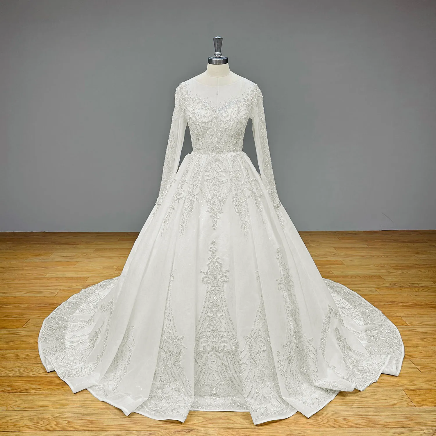 Shining Ball Gown Wedding Dress with Long Sleeves and Sequined Beading