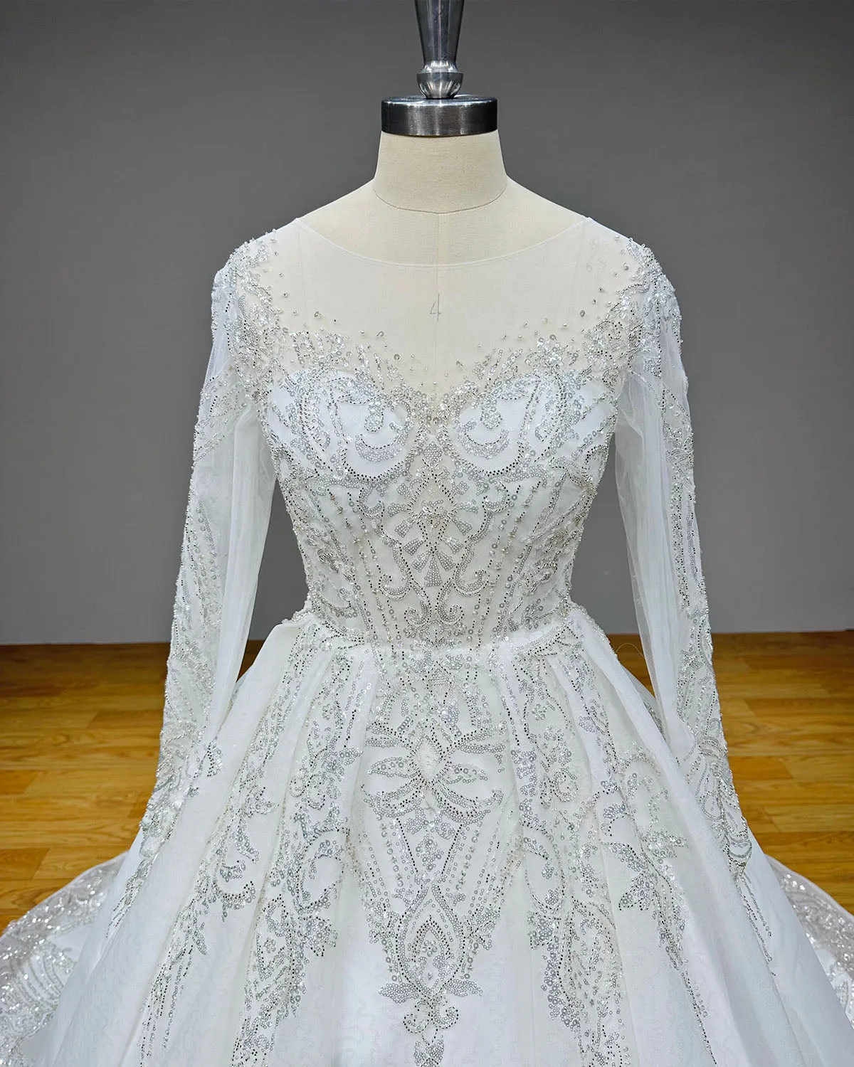 Shining Ball Gown Wedding Dress with Long Sleeves and Sequined Beading