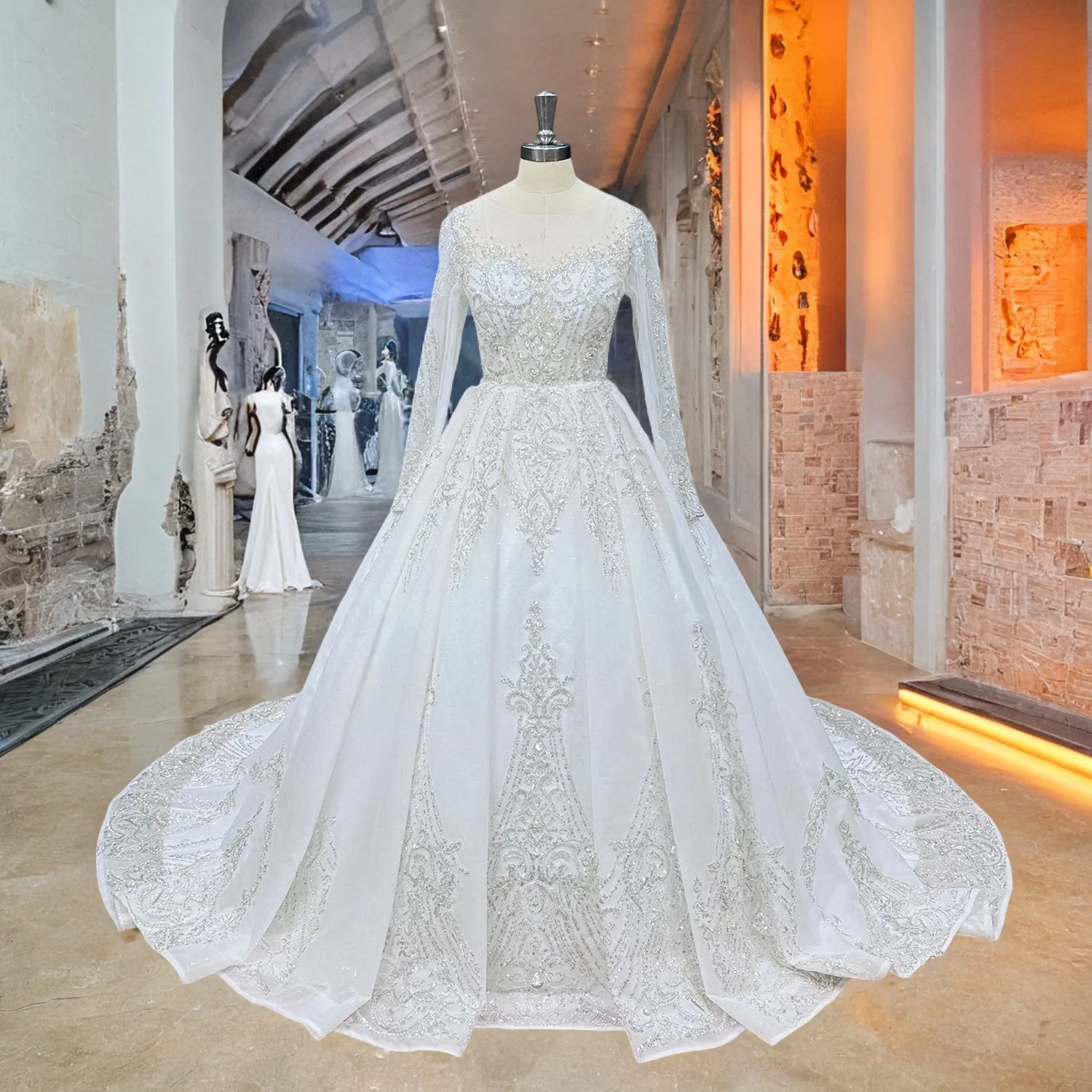 Shining Ball Gown Wedding Dress with Long Sleeves and Sequined Beading