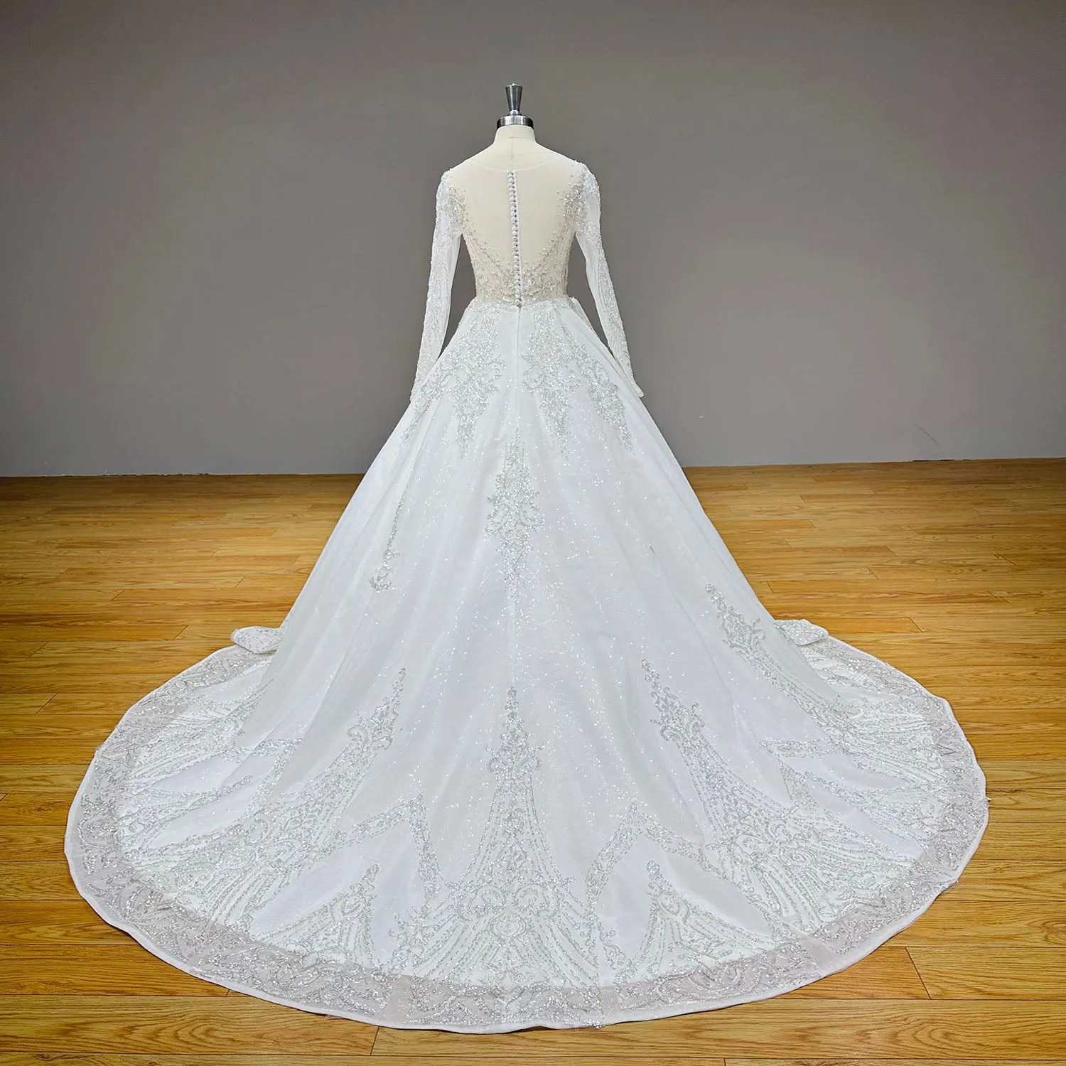 Shining Ball Gown Wedding Dress with Long Sleeves and Sequined Beading