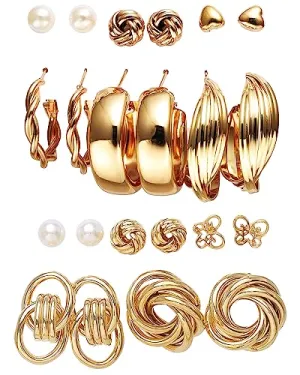 Shining Diva Fashion 11 Pairs Combo Set Latest Stylish Hoop Stud Earrings for Women and Girls (Gold) (14949er)