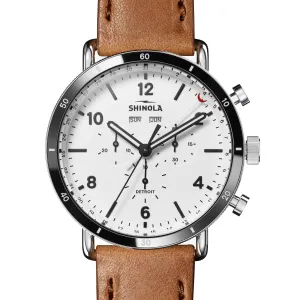 Shinola 45MM Canfield Sport Chronograph Steel Leather White Watch 20141501