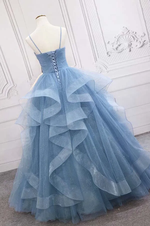 Shiny Blue Tulle A-line Spaghetti Straps Long Prom Dresses,Princess quinceanera dresses