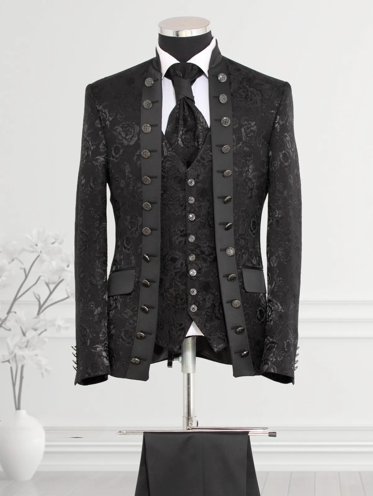 Shiny Floral Patterned Mandarin Collar Black Men's Tuxedo