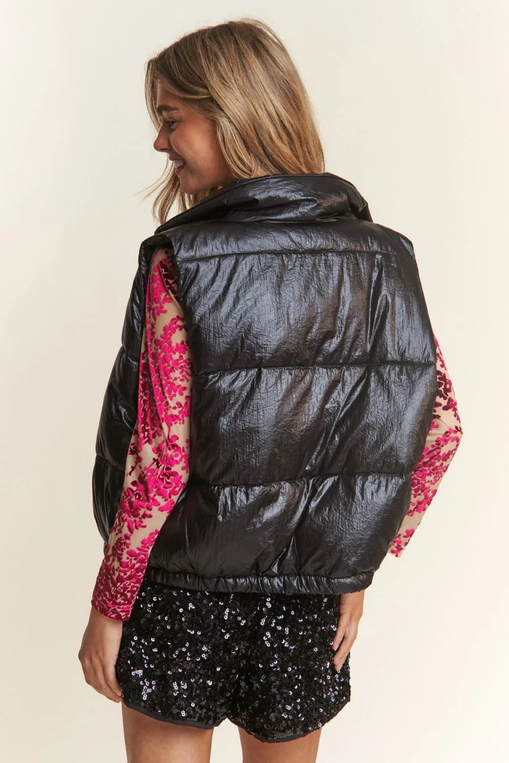 Shiny Metallic Puffer Vest | Obsidian