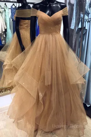 Shiny Off Shoulder Champagne Long Prom Dress Off the Shoulder Champagne Formal Dress Fluffy Champagne Evening Dress