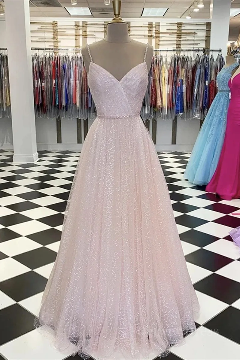 Shiny Sequins V Neck Pink Long Prom Dress V Neck Pink Formal Graduation Evening Dress