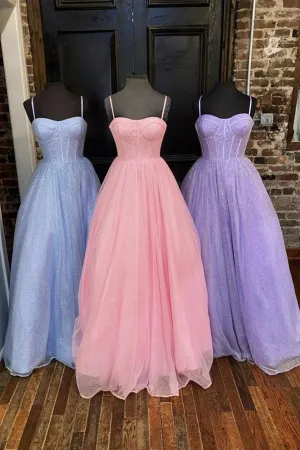 Shiny Tulle Open Back Pink Lilac Blue Long Prom Dress Long Pink Lilac Blue Tulle Formal Graduation Evening Dress