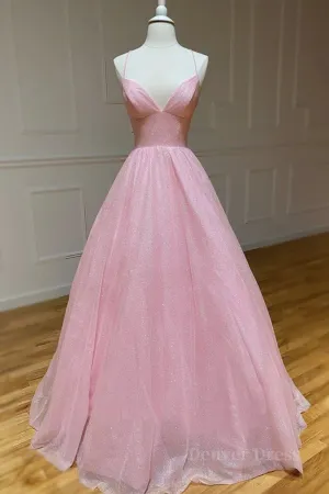 Shiny V Neck Backless Pink Long Prom Dress Backless Pink Formal Graduation Evening Dress