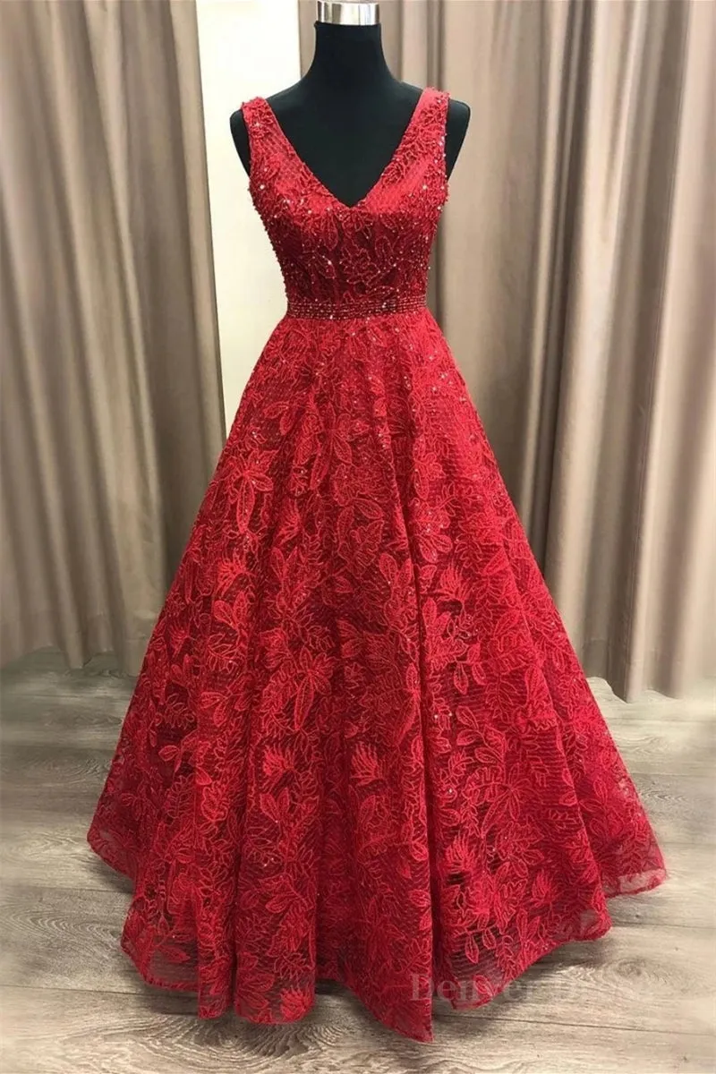 Shiny V Neck Burgundy Lace Long Prom Dress Burgundy Lace Formal Dress Sparkly Burgundy Evening Dress