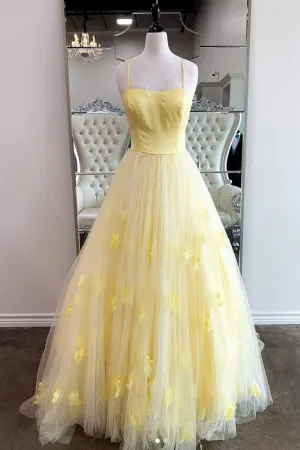 Shiny Yellow Tulle Sequins Long Evening Dress With Thin Straps Yellow Long Formal Dress