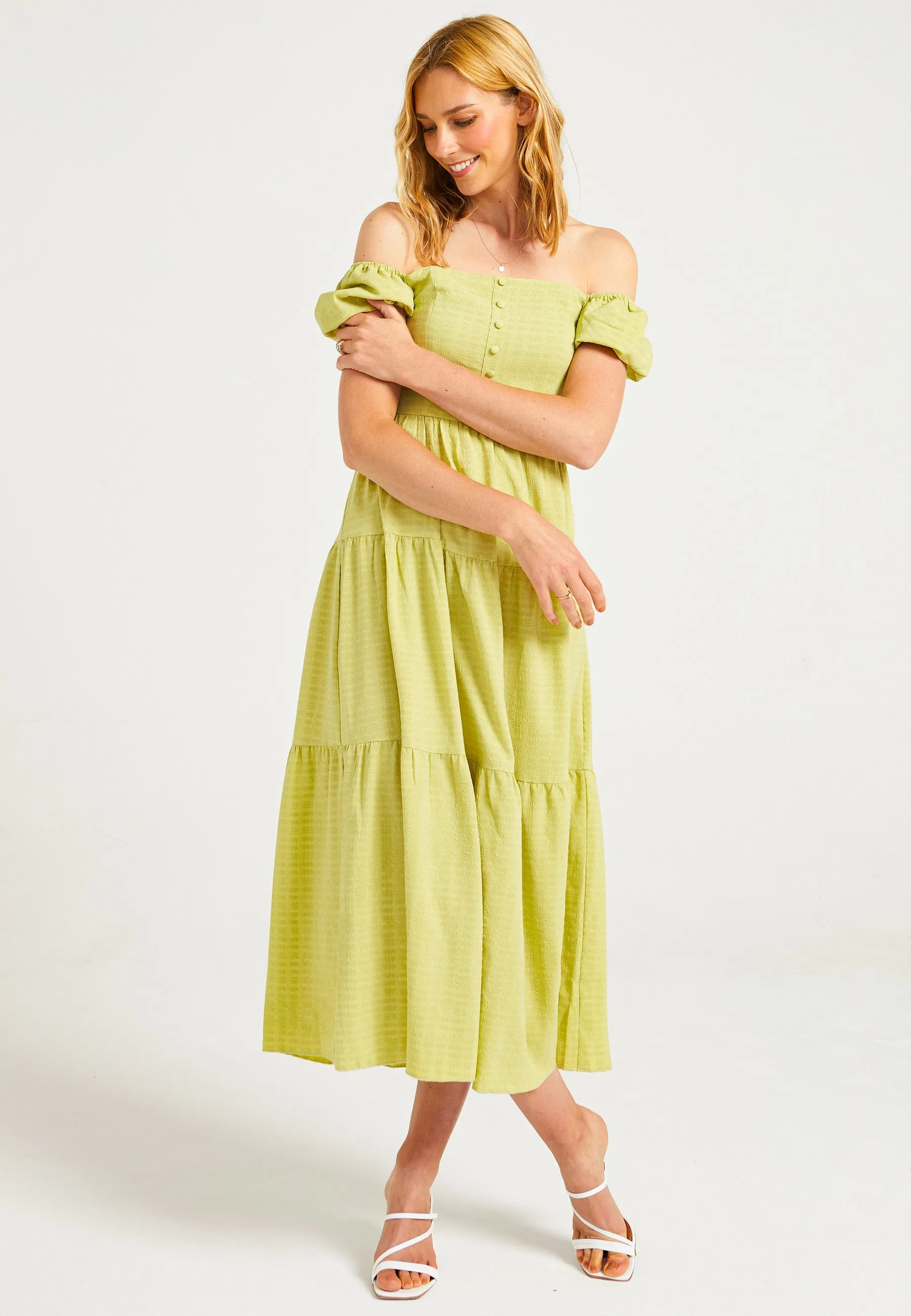 Shirred Maxi Dress in Green Textured Fabric