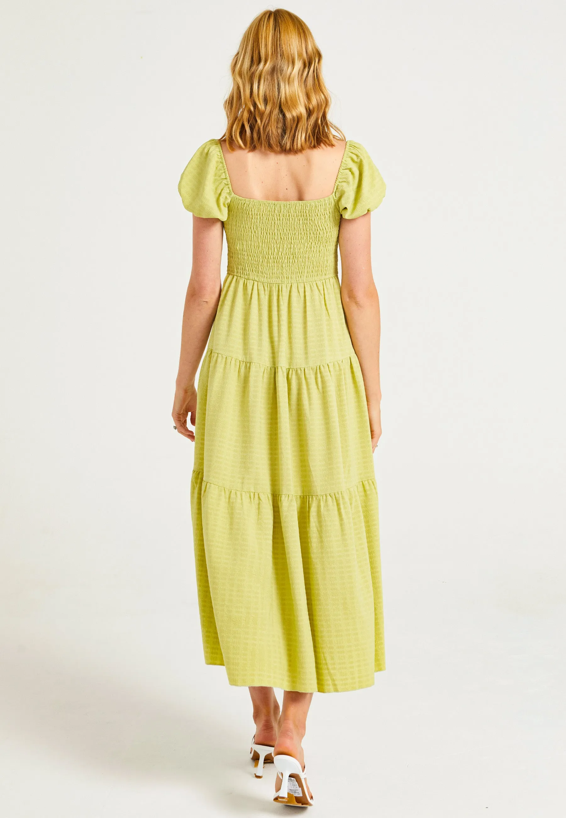 Shirred Maxi Dress in Green Textured Fabric